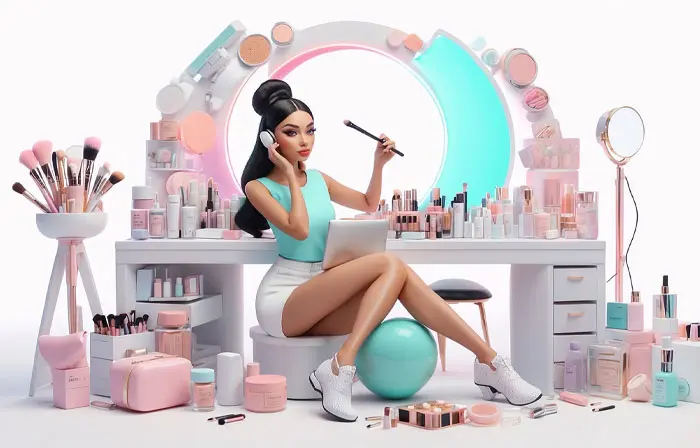 Beautiful Woman Doing Makeup in Front of Mirror Art 3D Character Illustration image